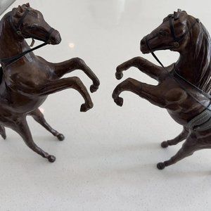 Set of TWO Vintage Leather Coated Horse Jumping Figurines 16 inches tall